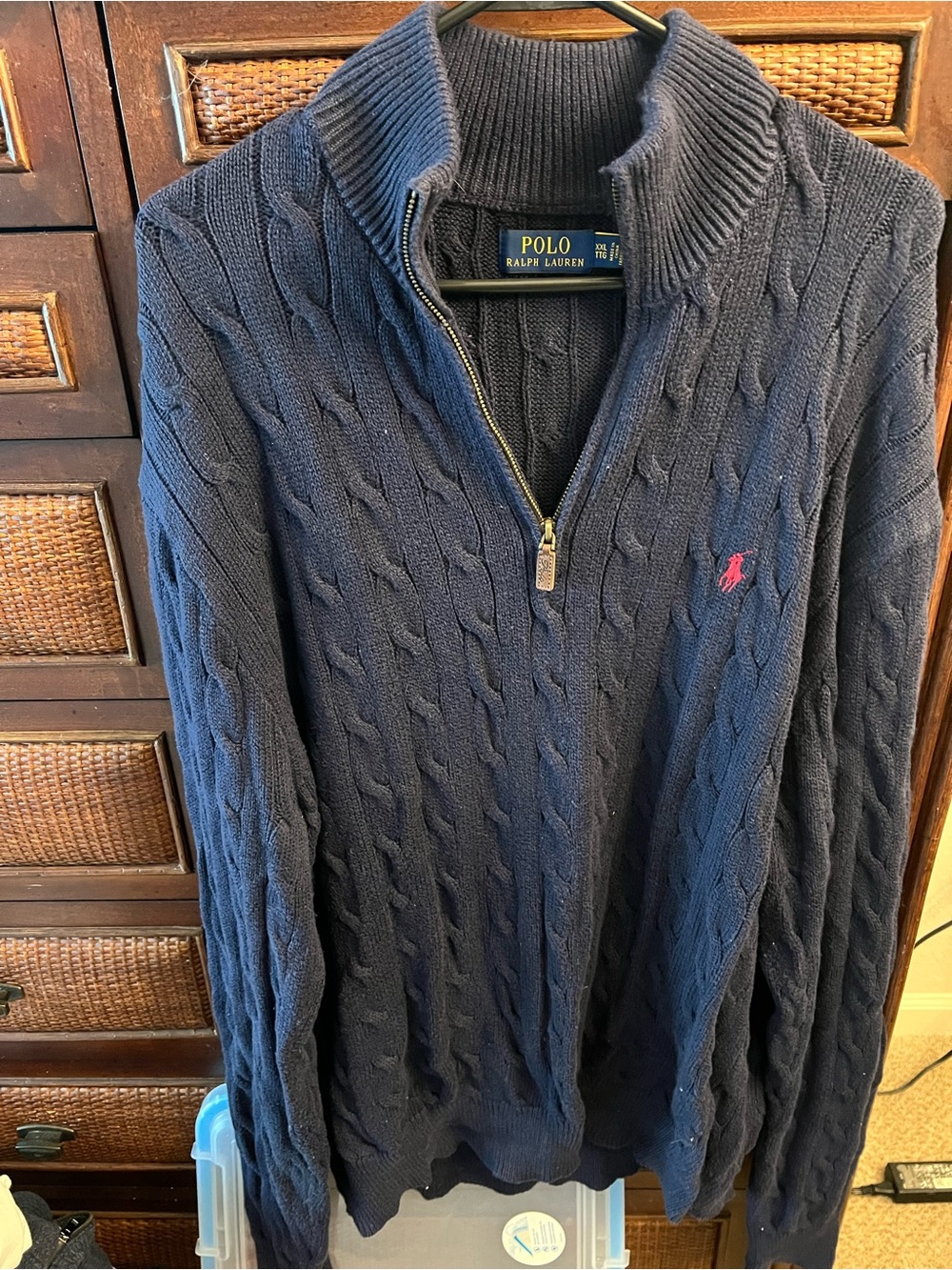 Ralph Lauren Navy Cable-Knit Half-Zip Sweater with Red Pony